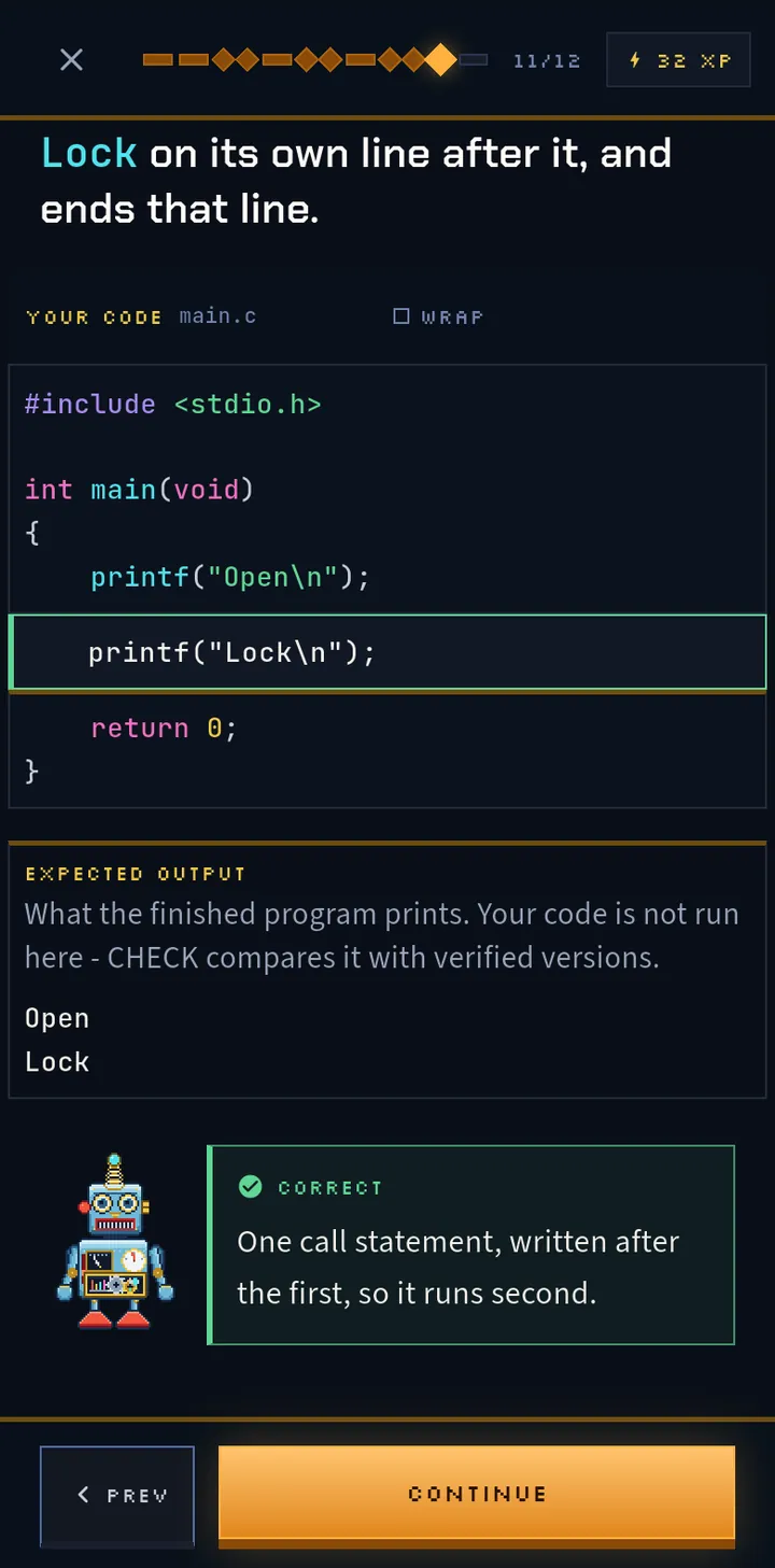 A Ugiwise challenge on a phone. The learner has typed printf("Lock\n"); into a C program, and a green panel says Correct: one call statement, written after the first, so it runs second.